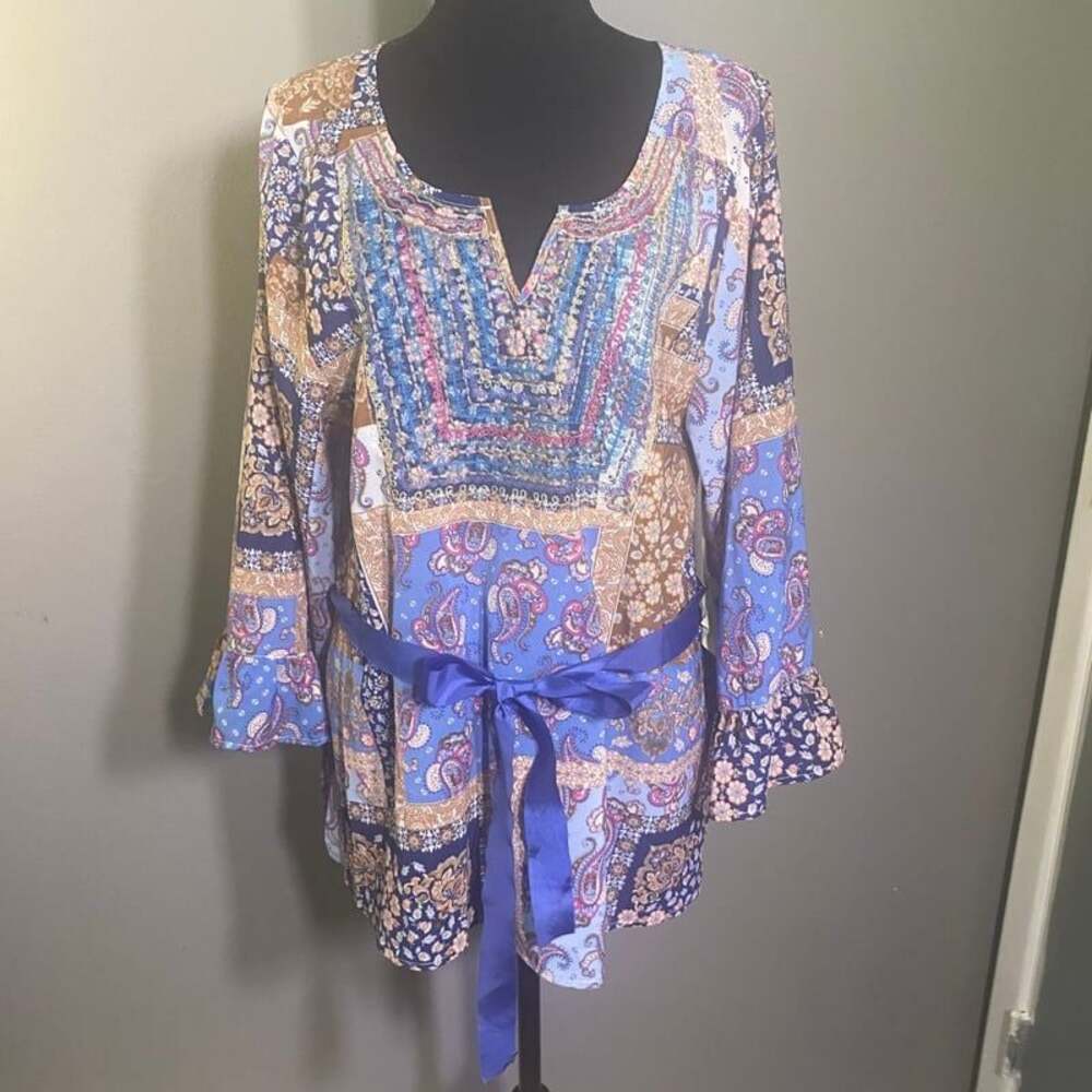 Aratta Silent Journey Mini  Dress Shades of‎ Blue Cinch Back Ribbon Tie Belt NWT